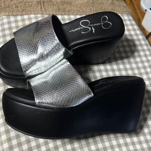 Jessica Simpson Metallic Silver and Black Platform Sandals